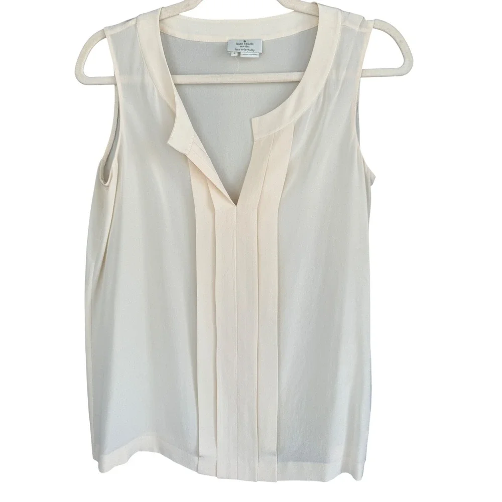 A2 Kate Spade Silk Blouse Cream Sleeveless Split Neck Pleated Front Career Top 4